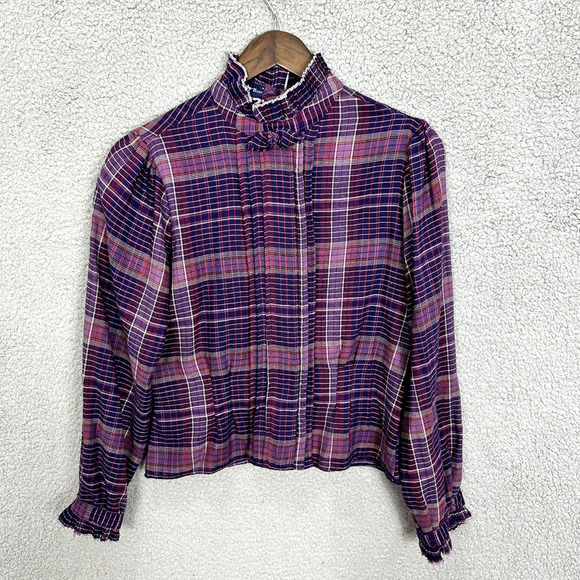 Hunter Run Vintage Top‎ Juniors 13 Purple Plaid Button High Neck Equestrian - Picture 1 of 5